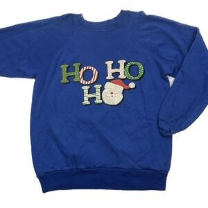 Vintage 90s Pannill Sweatshirt Womens L Blue Holiday Santa Christmas Made in USA